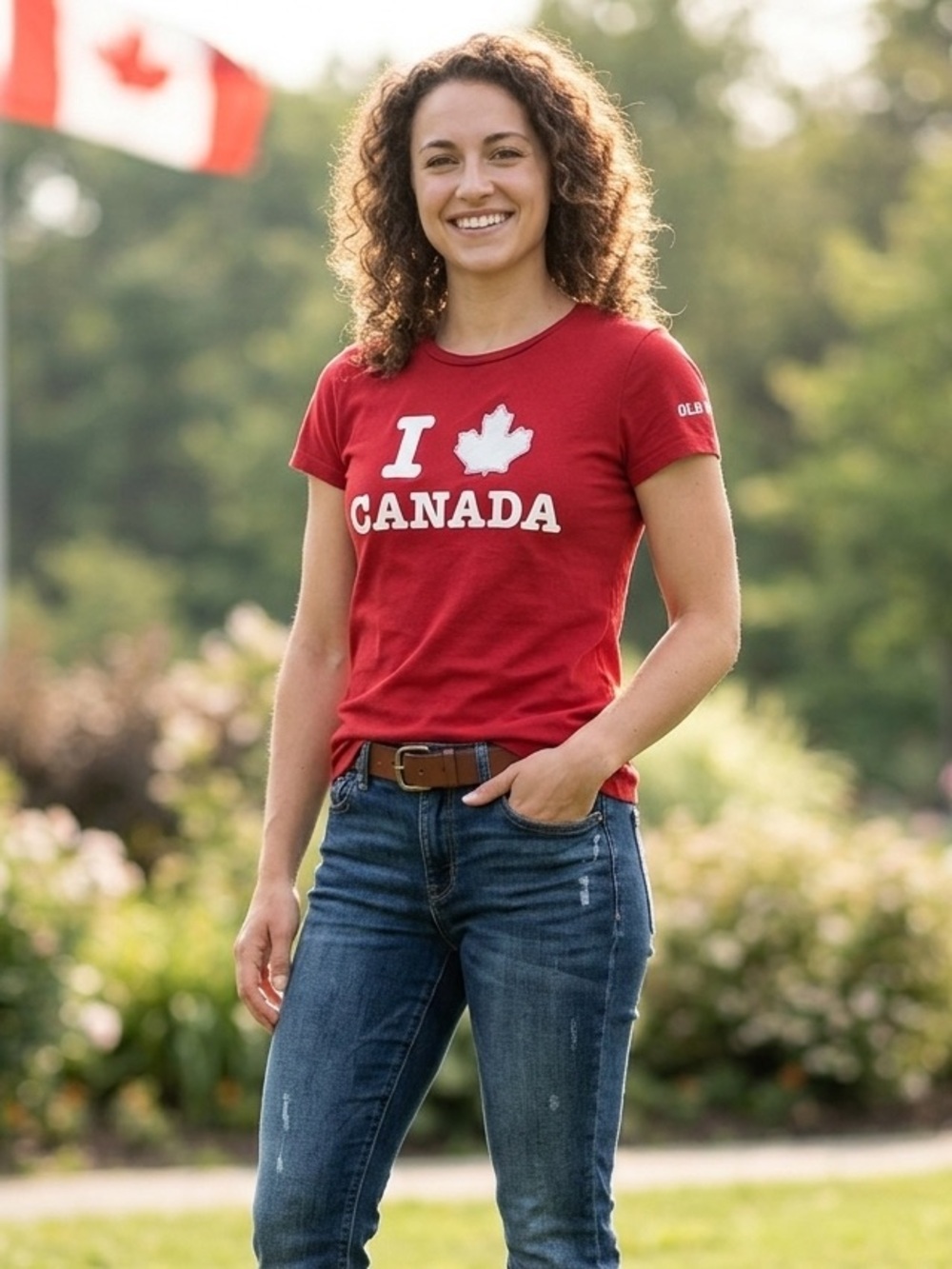 Old Navy Red women’s small T‑Shirt with White patch CANADIAN Maple Leaf Graphic